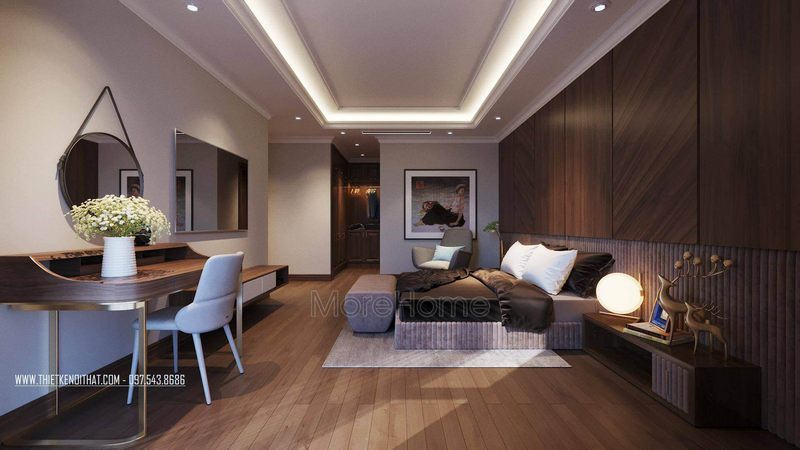 Nội thất phòng ngủ màu tối giúp tạo nên không gian thư giãn nghỉ ngơi thoải mái và tiện nghi cho gia chủ.