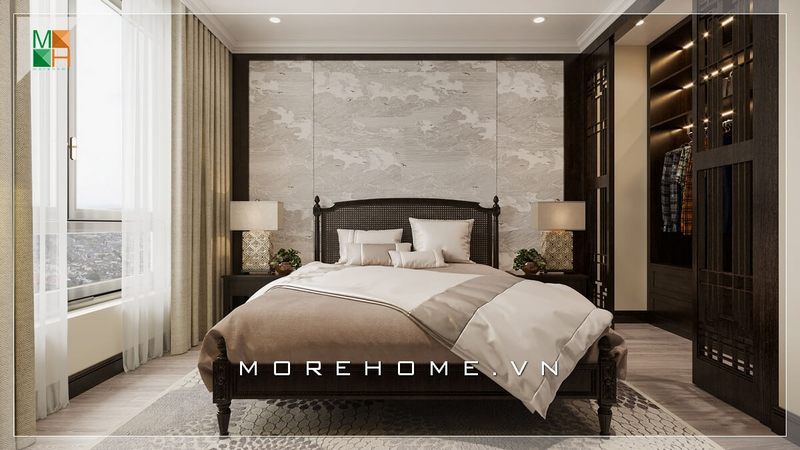 Việc thiết kế nội thất phòng ngủ Master bằng gỗ tự nhiên có màu trầm ấm áp, phù hợp với phong cách tân cổ điển sang trọng của các chung cư cao cấp.