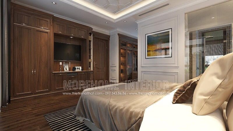 . Mẫu thiết kế tủ quần áo cổ điển được làm bằng gỗ óc chó và kết hợp với hệ tủ gỗ óc chó, cùng với kệ tivi để trang trí sang trọng.